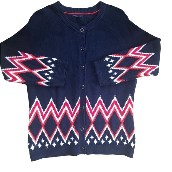 Tommy Hilfiger Navy Red Zigzag Cardigan Sweater L Button Up SOFT Argyle Fall - Picture 1 of 6